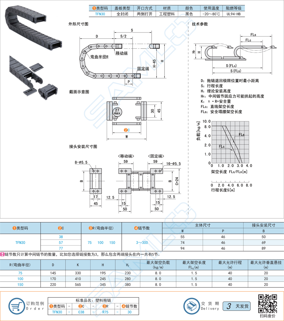 拖鏈-坦克鏈-電纜保護(hù)鏈內(nèi)高30全封閉兩側(cè)打開(kāi)型規(guī)格參數(shù)尺寸