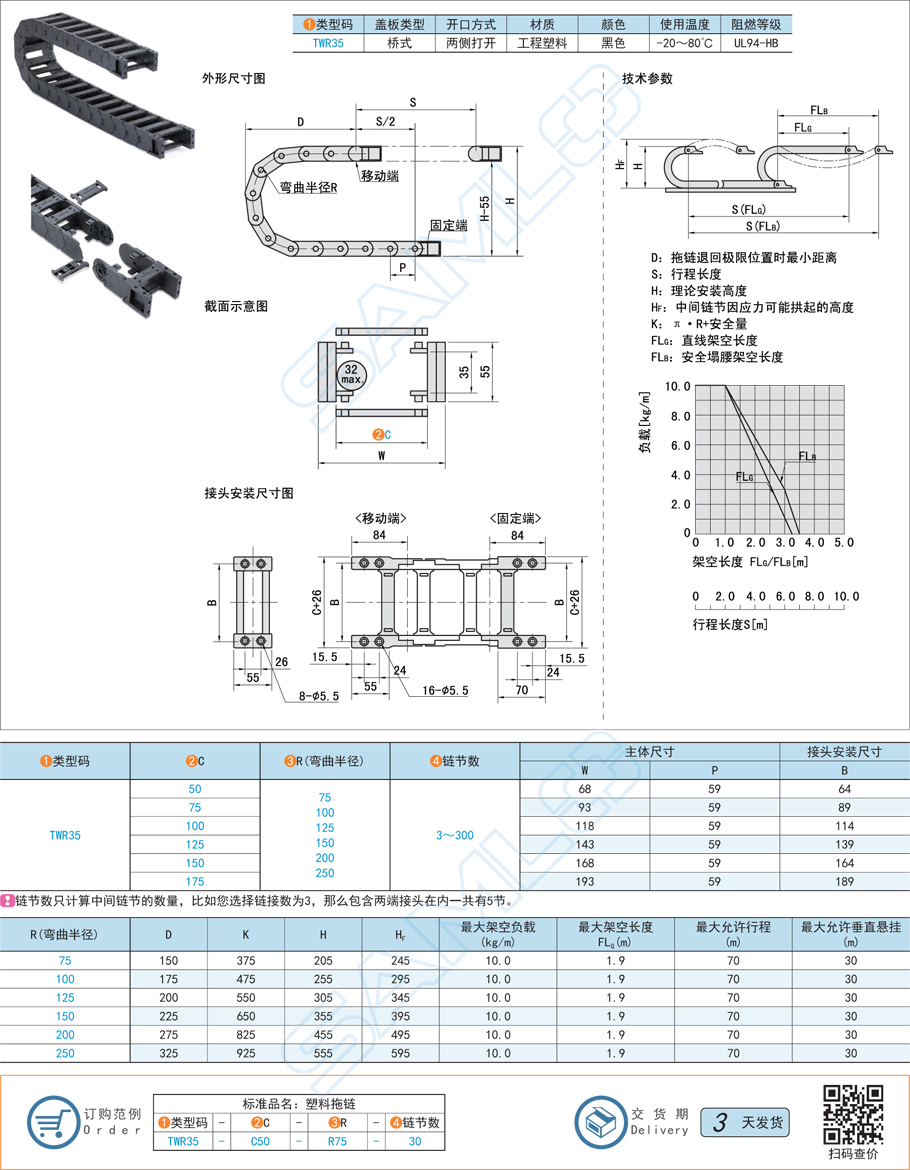 坦克鏈,拖鏈-內(nèi)高35兩側(cè)打開型,電纜保護(hù)鏈規(guī)格參數(shù)尺寸