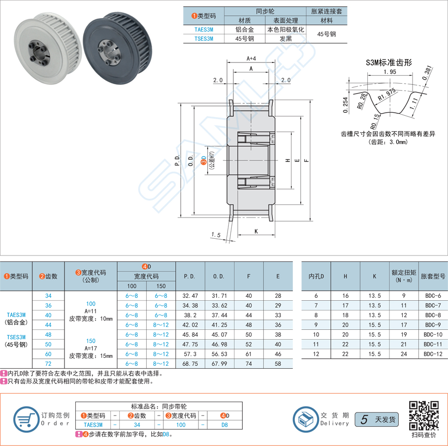 免鍵同步帶輪-S3M型規(guī)格參數(shù)