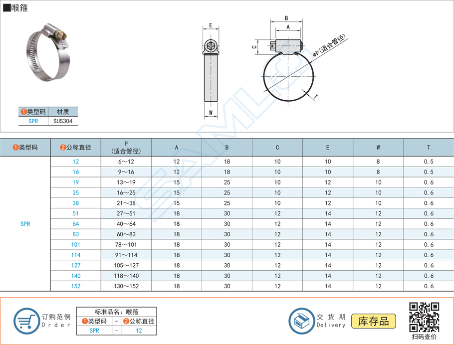 喉箍,卡箍,管夾SPR規(guī)格參數(shù)尺寸材質