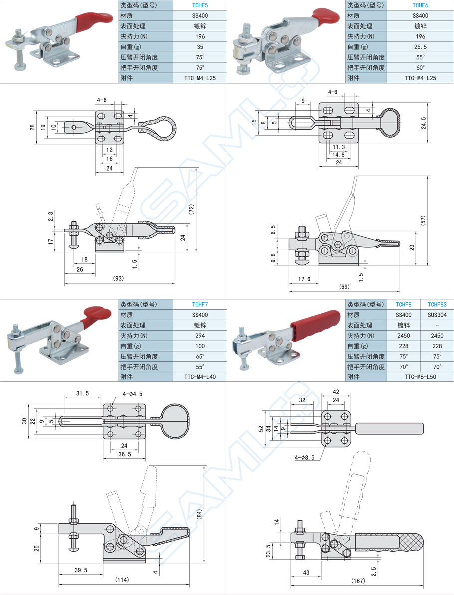 臥式把手型快速夾鉗-法蘭底座型型號材質(zhì)