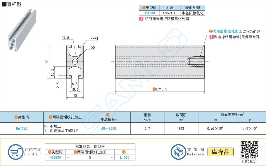 門框用鋁合金型材,鋁型材H61530規(guī)格參數(shù)尺寸