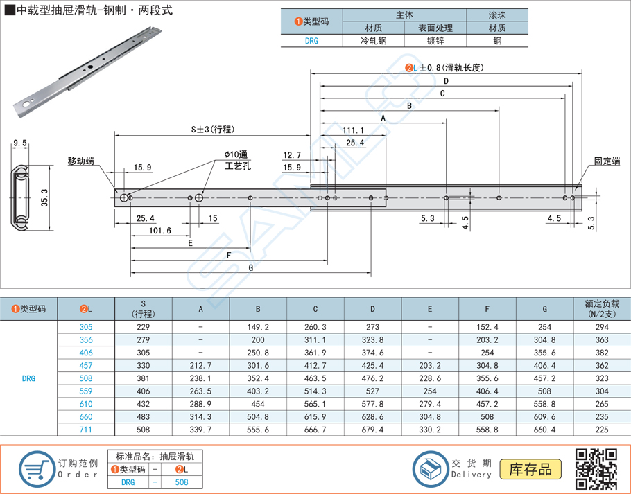 中載型抽屜滑軌-鋼制兩段式規(guī)格參數尺寸材質