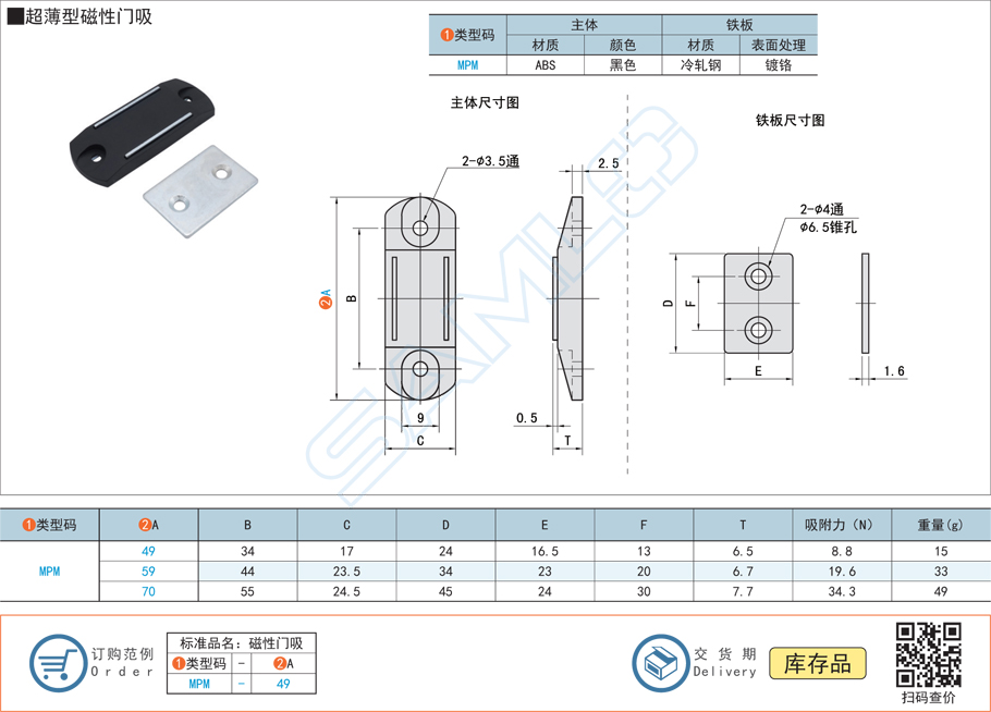 超薄型磁性門吸門扣門碰MPM規(guī)格參數(shù)尺寸材質(zhì)