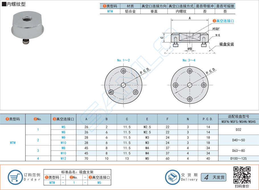 重載真空吸盤支架-垂直真空口不帶緩沖型規(guī)格參數(shù)尺寸